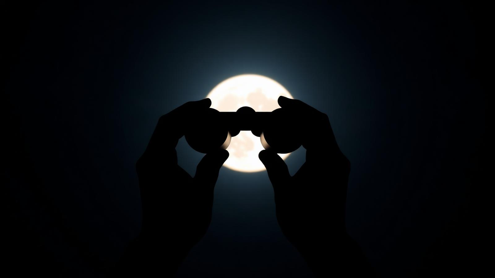 Silhouette of hands holding binoculars up toward a bright full Moon