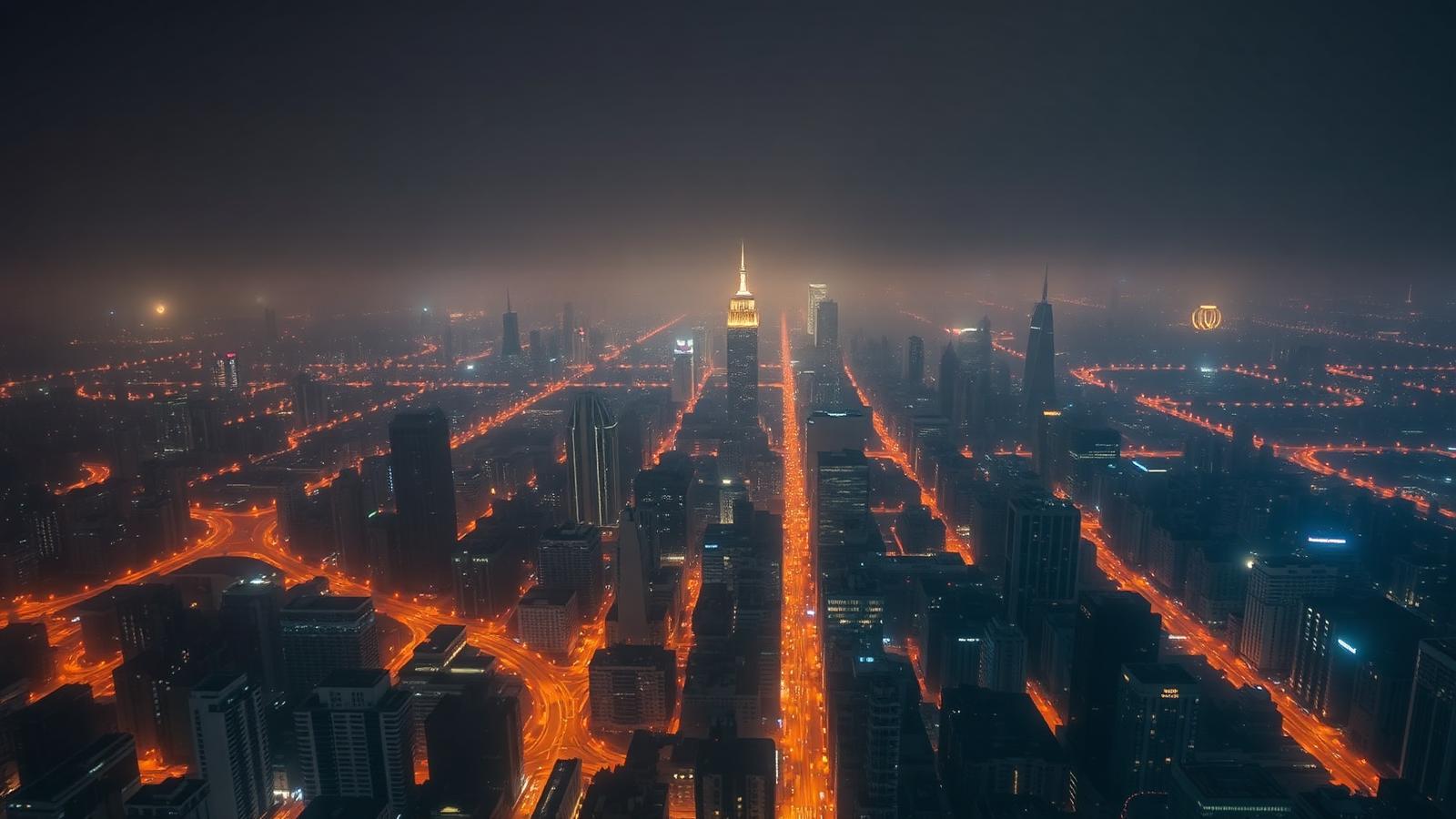 An orange light dome over a large city glowing into the night sky