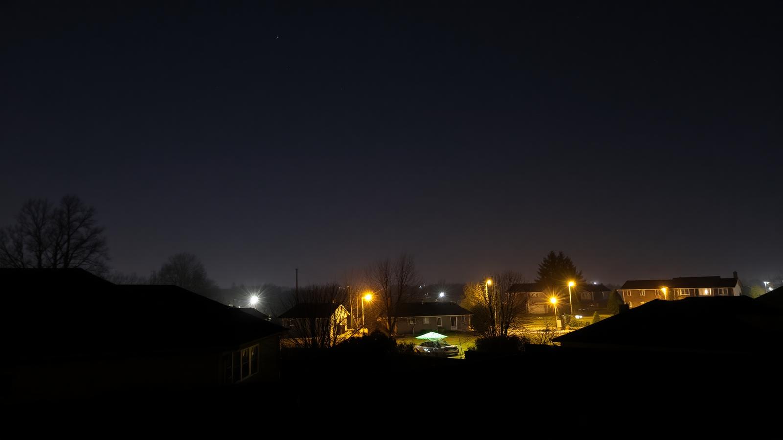 A suburban backyard at night with a few stars visible above streetlights