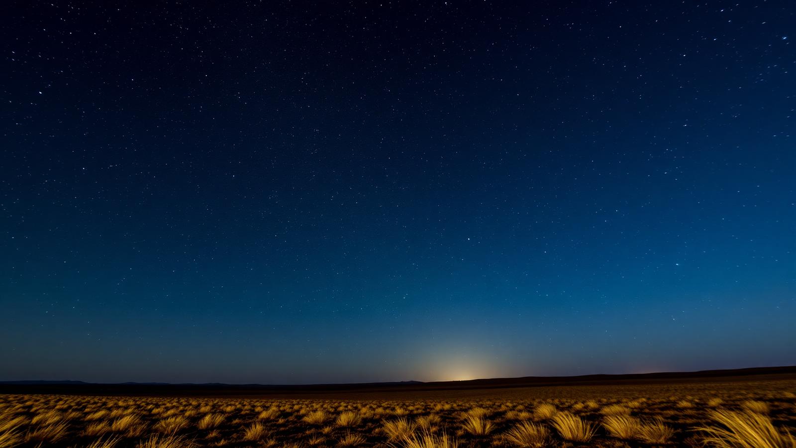 A dark night sky with faint Milky Way over an open plain