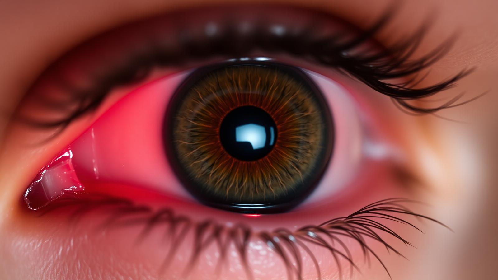 A close-up of a human eye with pupil dilated in soft red light