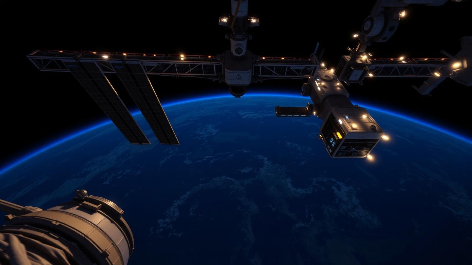 View from orbit of the ISS solar arrays with Earth's blue horizon below