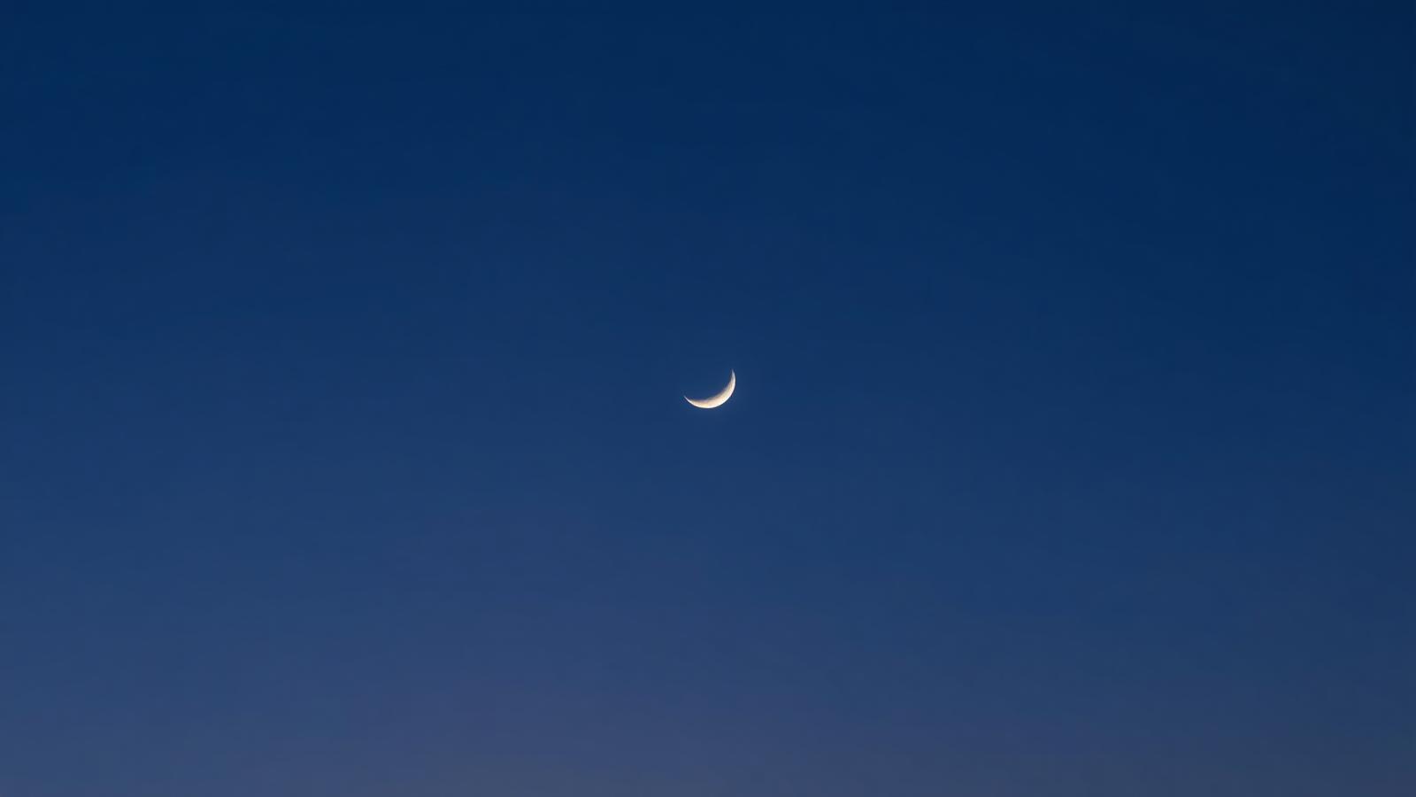 A delicate thin crescent Moon in a deep twilight sky