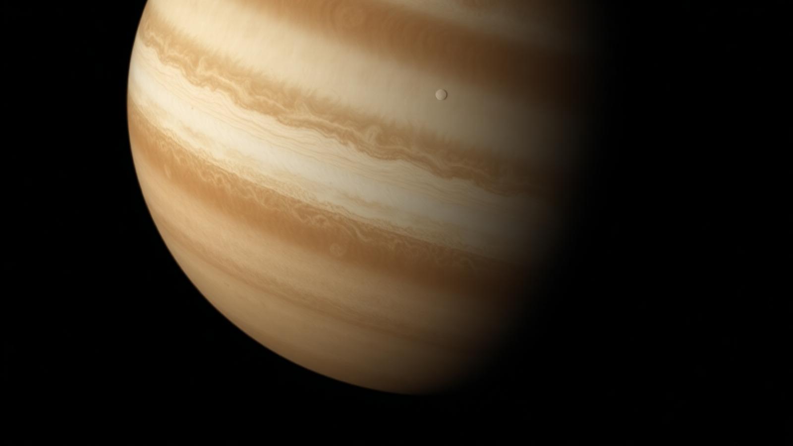 Jupiter's cream-coloured bands with a small moon nearby, telephoto view