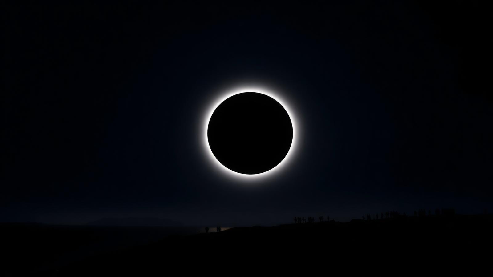 A total solar eclipse with the silver corona visible around the Moon's black disc