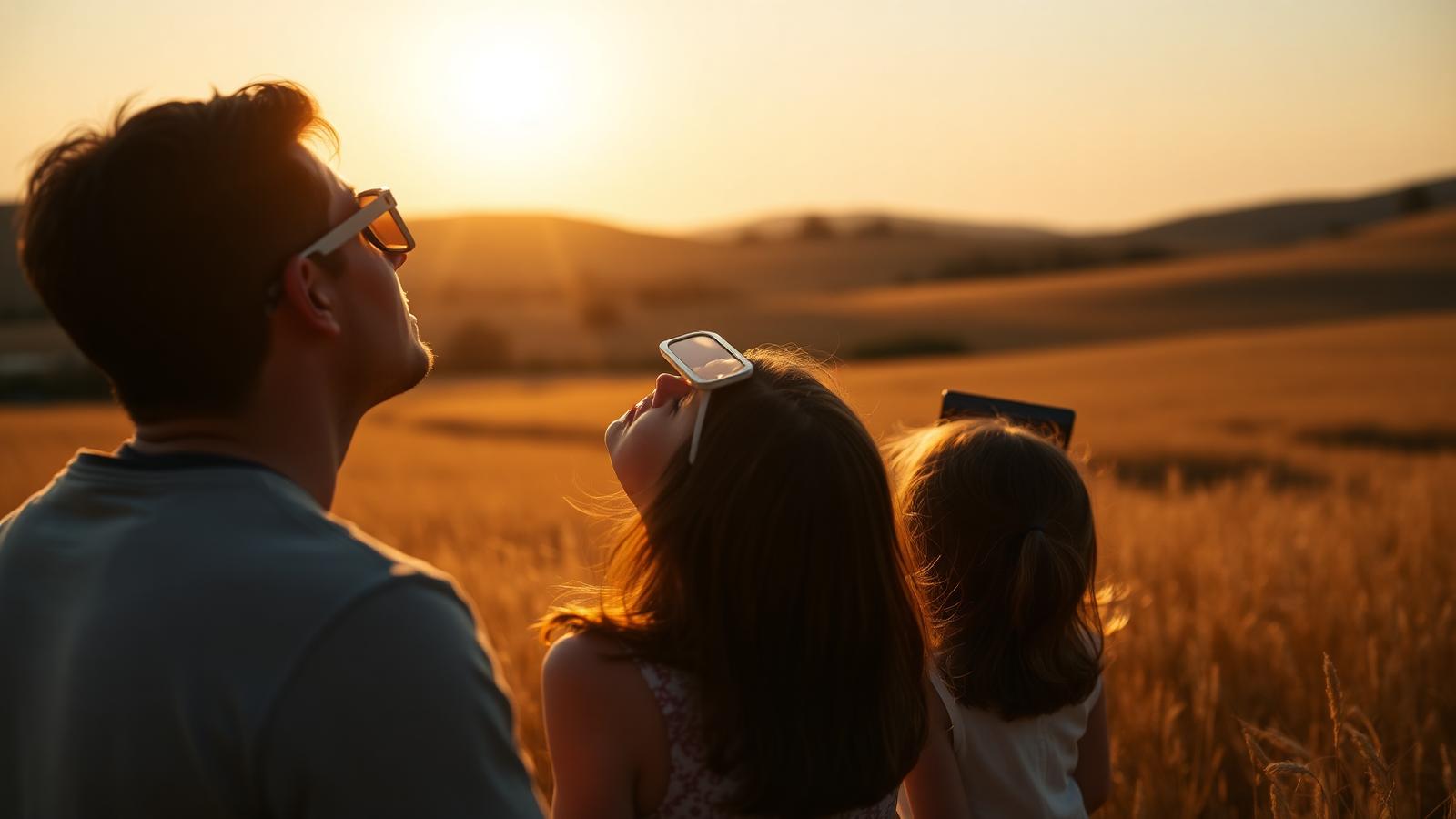 A family in a golden field watching a partial solar eclipse through certified glasses