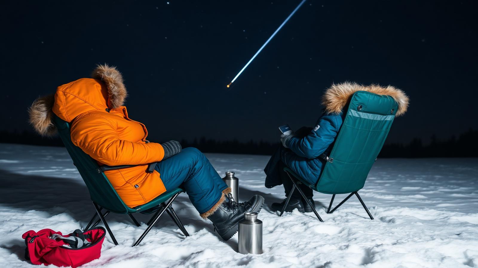 Two observers bundled in winter coats watching meteors from a snowy field
