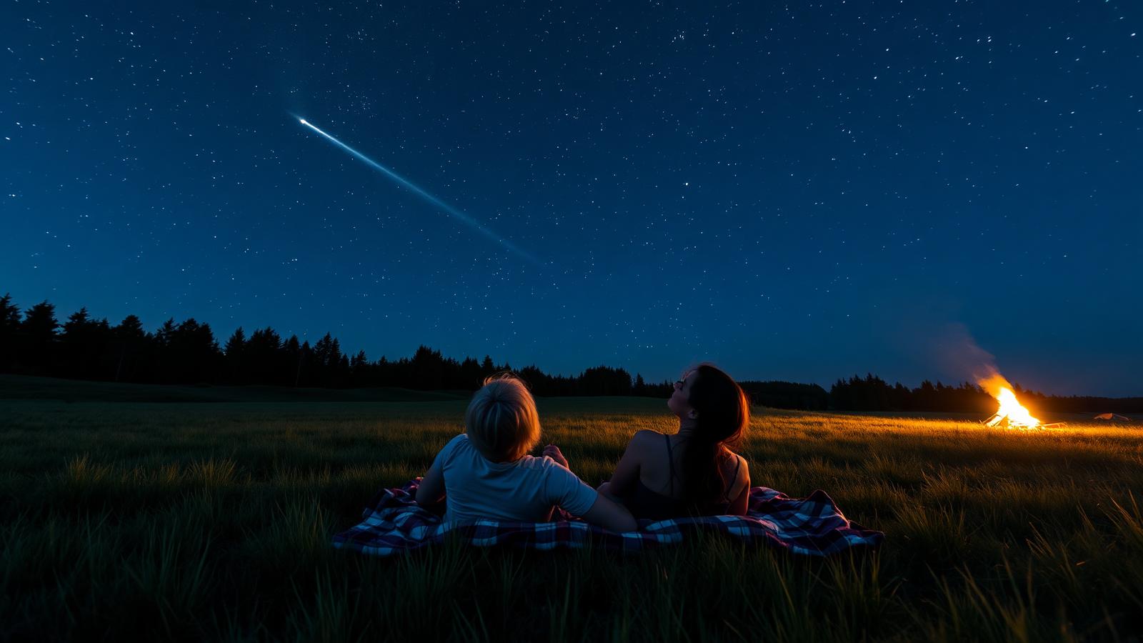 Two people on a blanket in a dark meadow watching a meteor