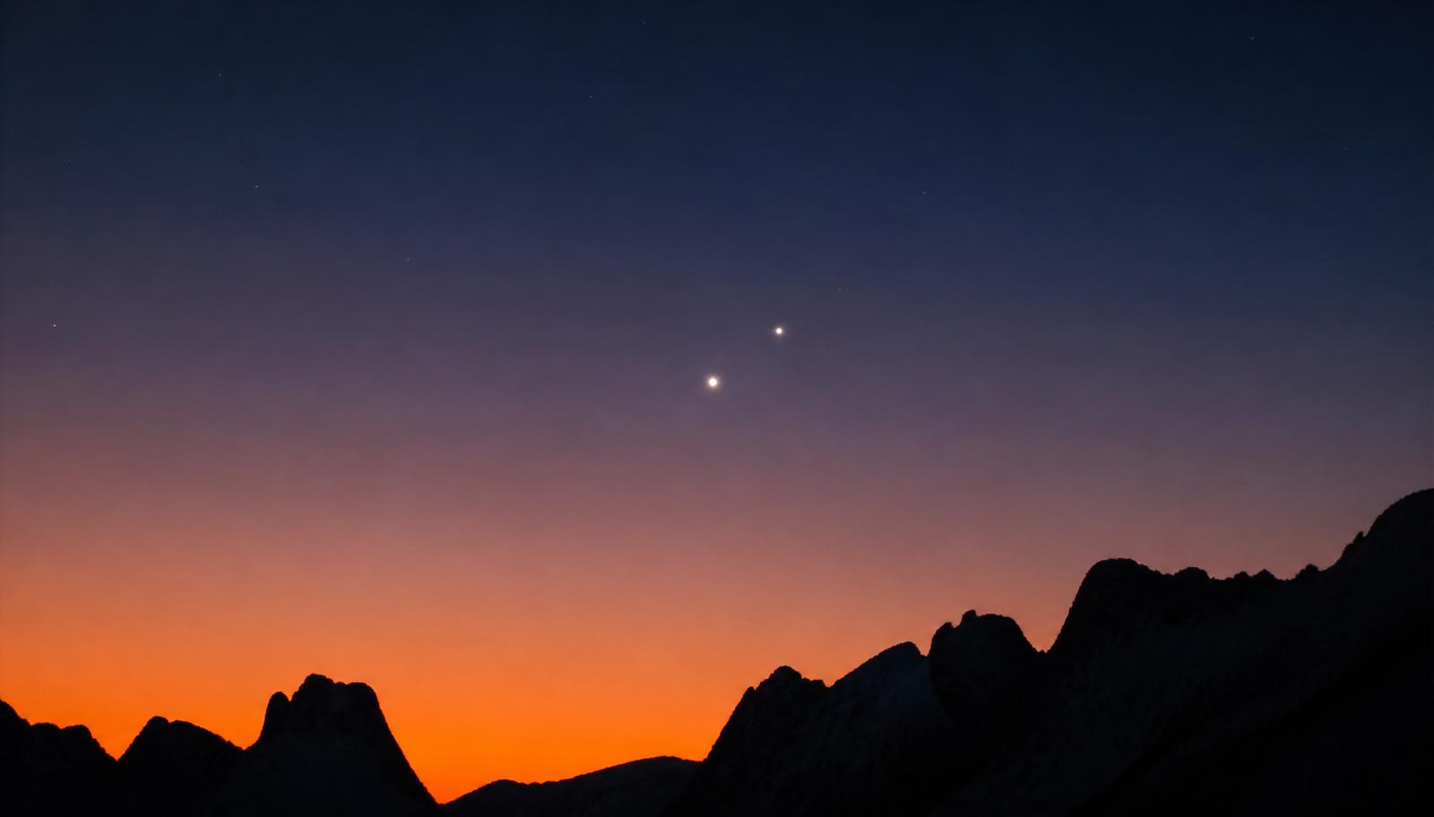 Two bright planets close together above a mountain horizon at deep twilight