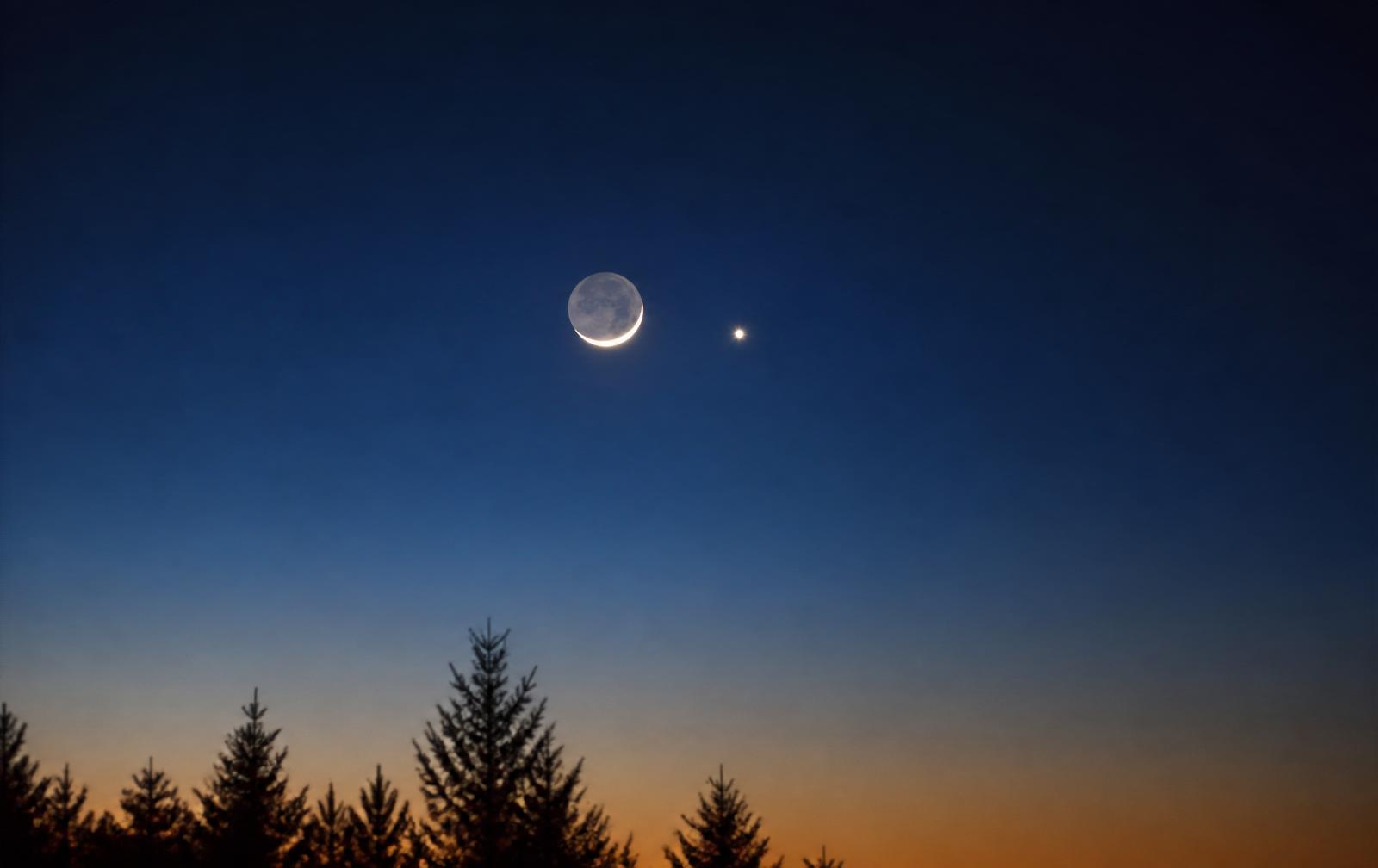 A thin crescent Moon beside a bright planet in a deep blue twilight sky with silhouetted pine trees