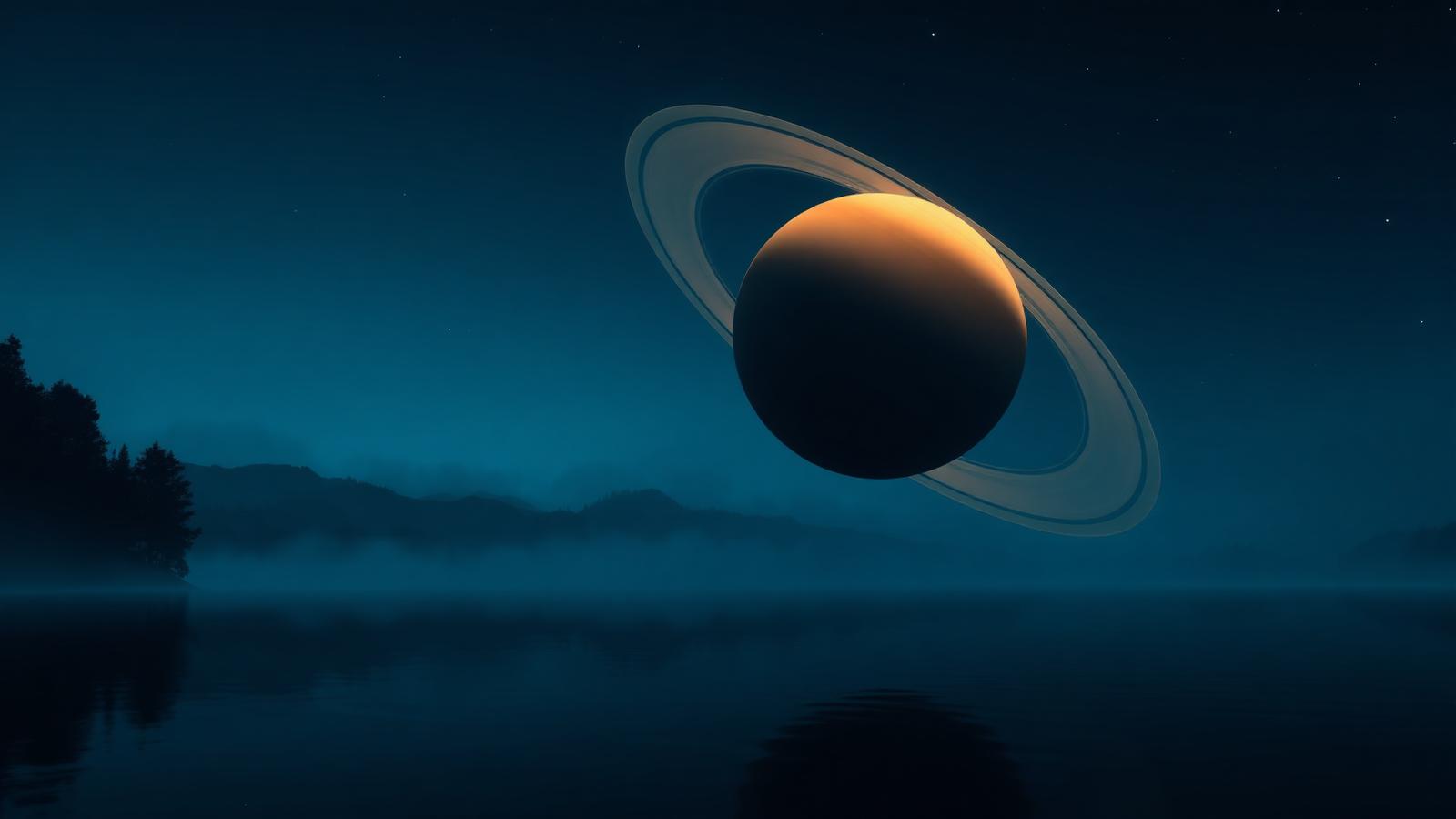 Saturn low over a dark lake, rings tilted nearly edge-on