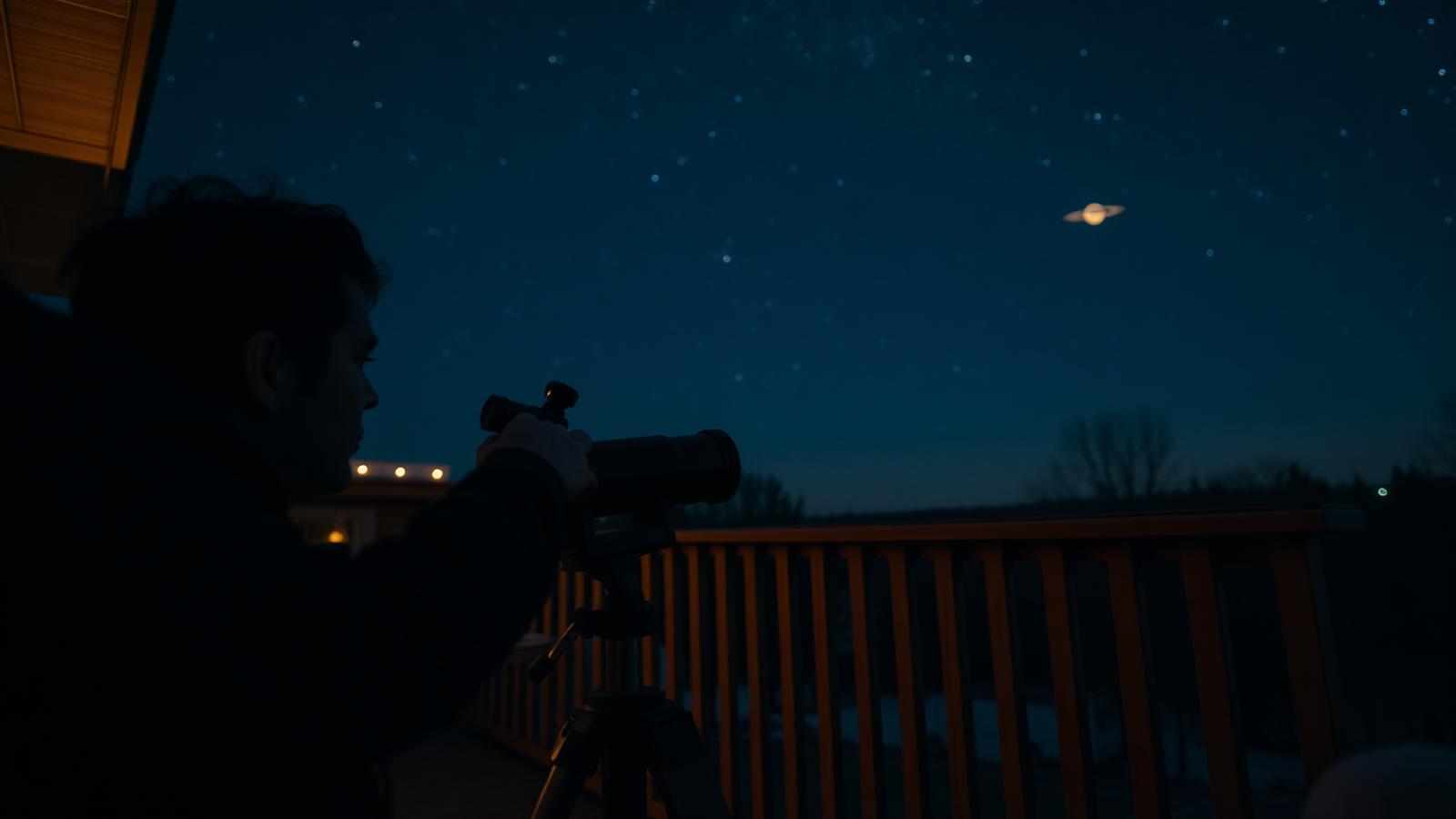 A person observing Saturn through a small telescope on a wooden deck